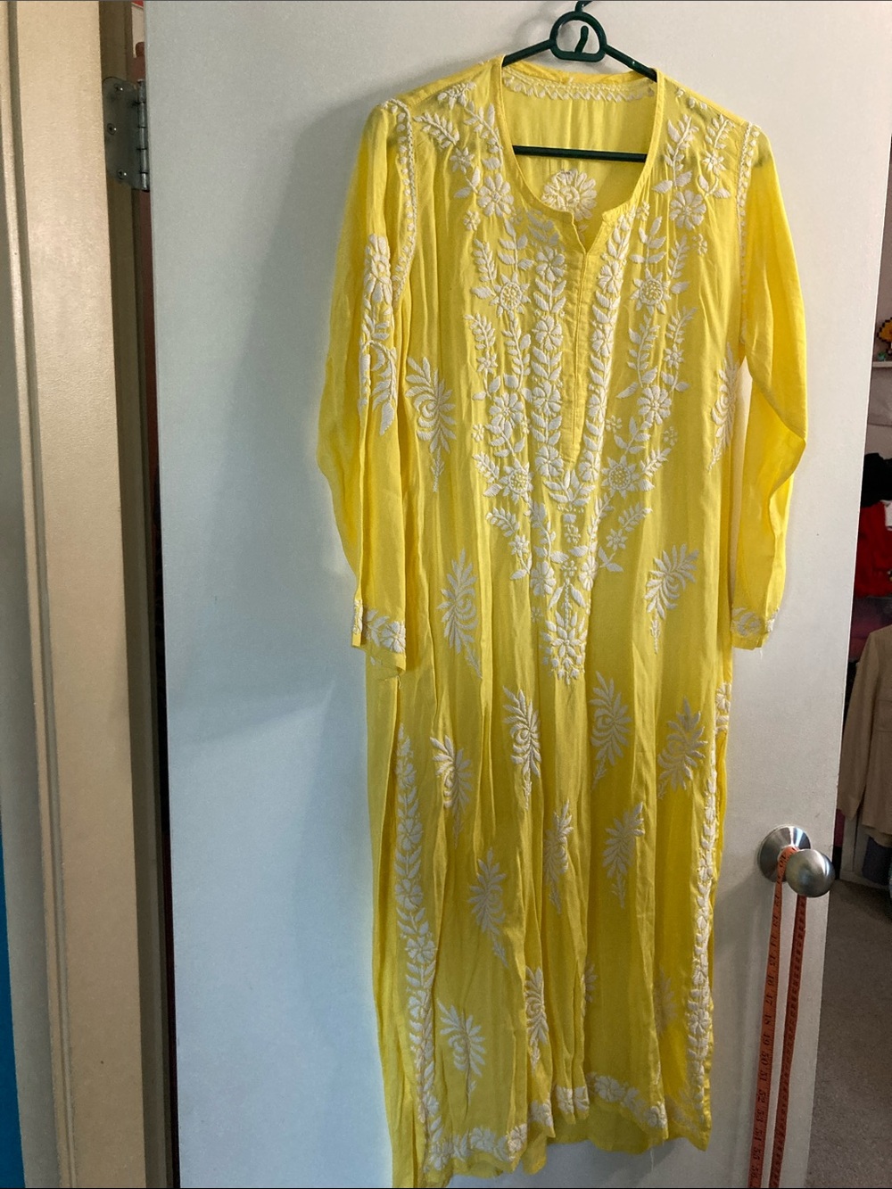 Women’s yellow kaftan with Hand embroidered florals 20”